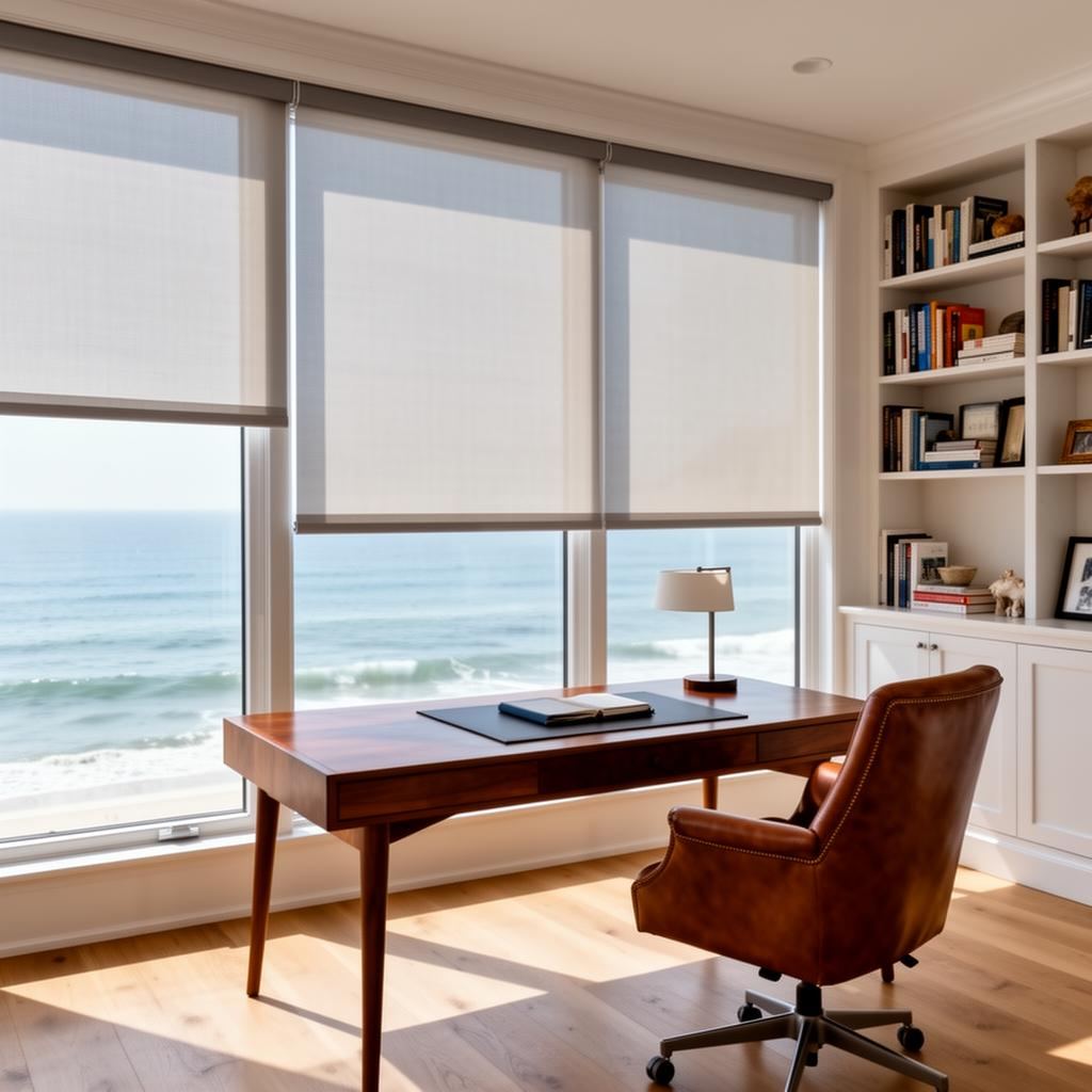 Coastal sunroom with roller shades