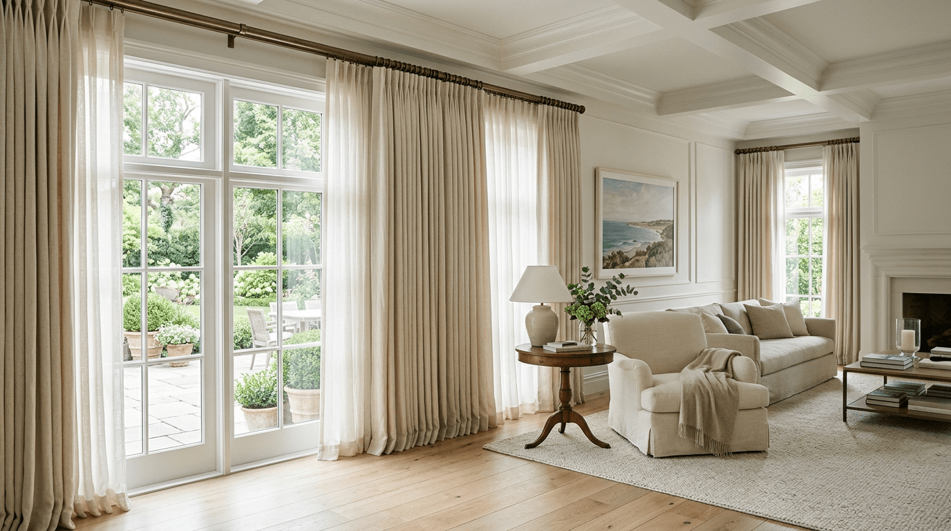 Custom floor-length linen drapery framing garden views in a Hamptons living room